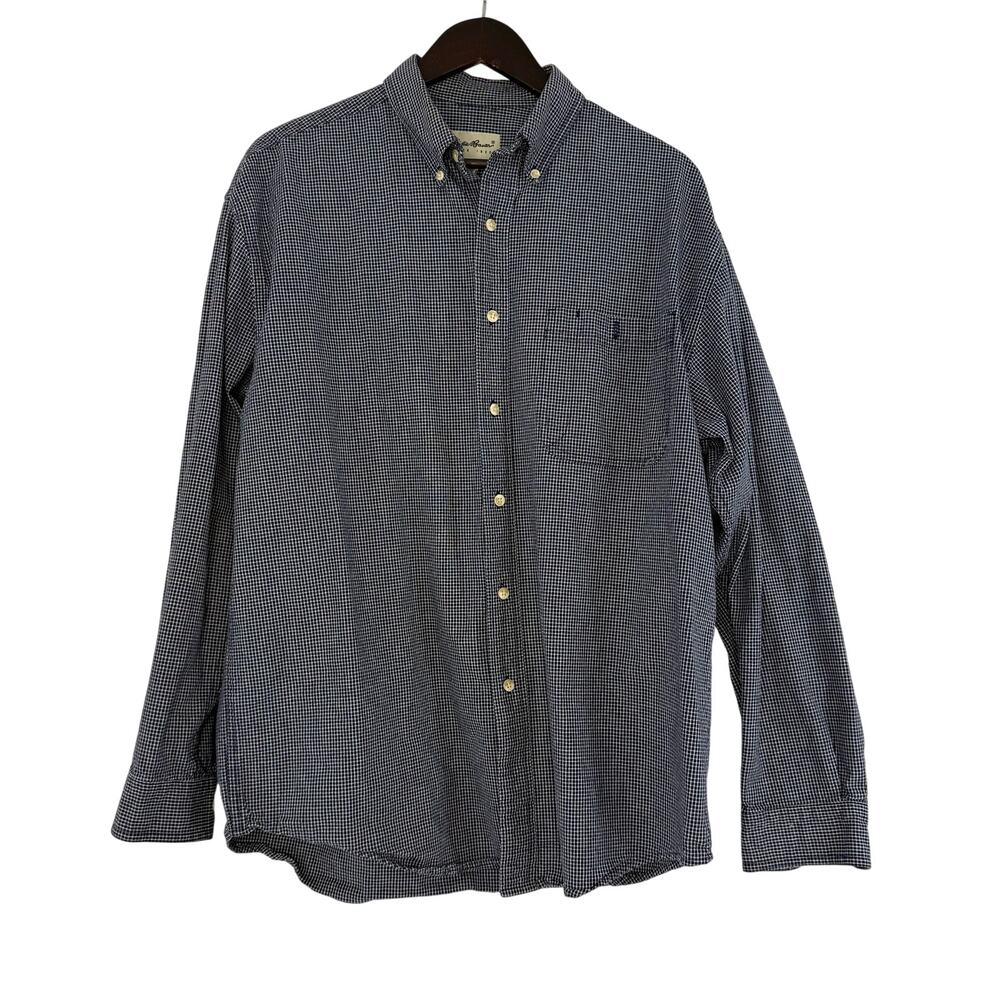 Eddie Bauer Button Down Shirt Mens Large Navy Micro Check Cotton